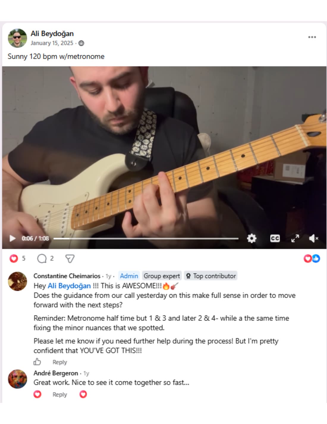 A student's practice video posted in the MGL group, with Constantine's written feedback underneath