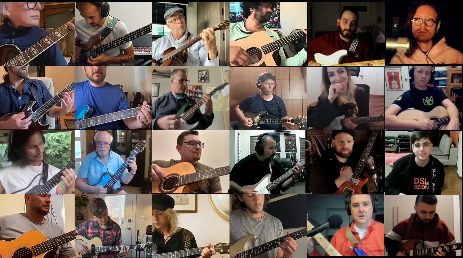 A collage of MGL students from around the world playing guitar in their own rooms